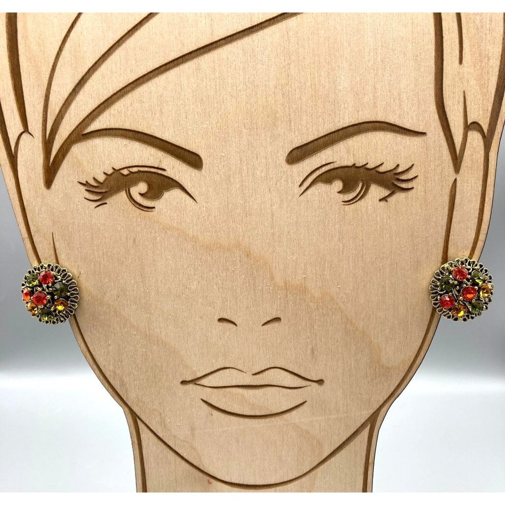 Retro Autumn Glam Earrings, Filigree Circle Frames for Bright Rhinestone Chaton